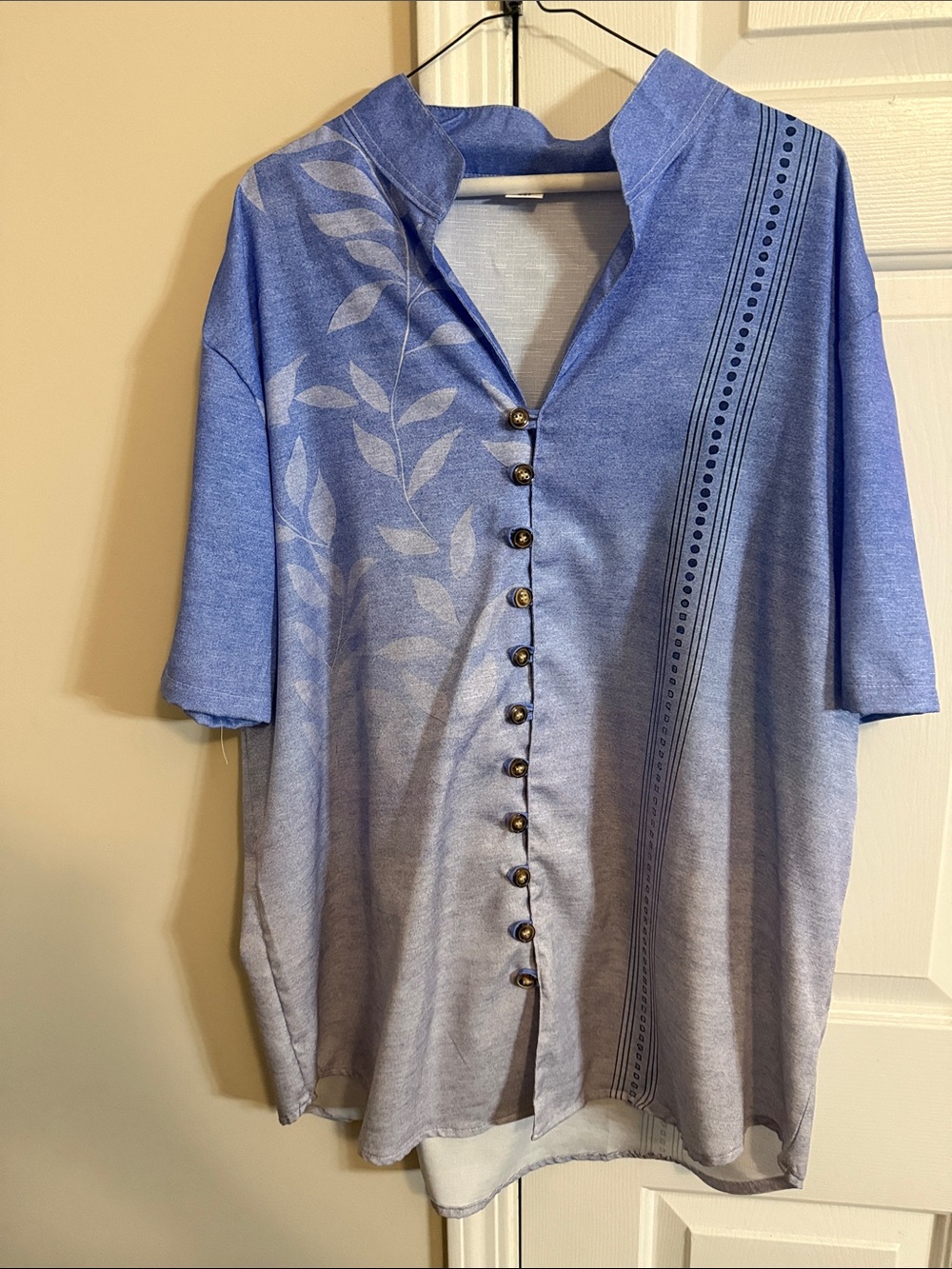 Blue Gradient Button-Front Tunic with Leaf & Stripe Print